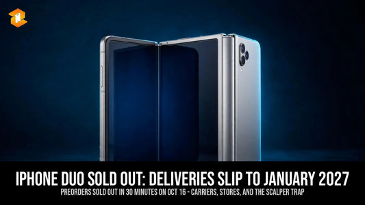 iPhone Duo foldable phone half-open showing hinge - Duo sold out, deliveries slipped to January 2027