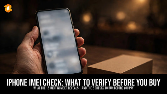Hand holding an iPhone beside its box - IMEI check guide for used iPhone buyers