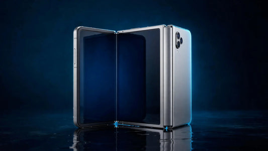 iPhone Duo foldable smartphone in silver titanium on a dark studio background