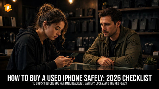Buyer inspecting a used iPhone at a phone shop counter - used iPhone buying checklist